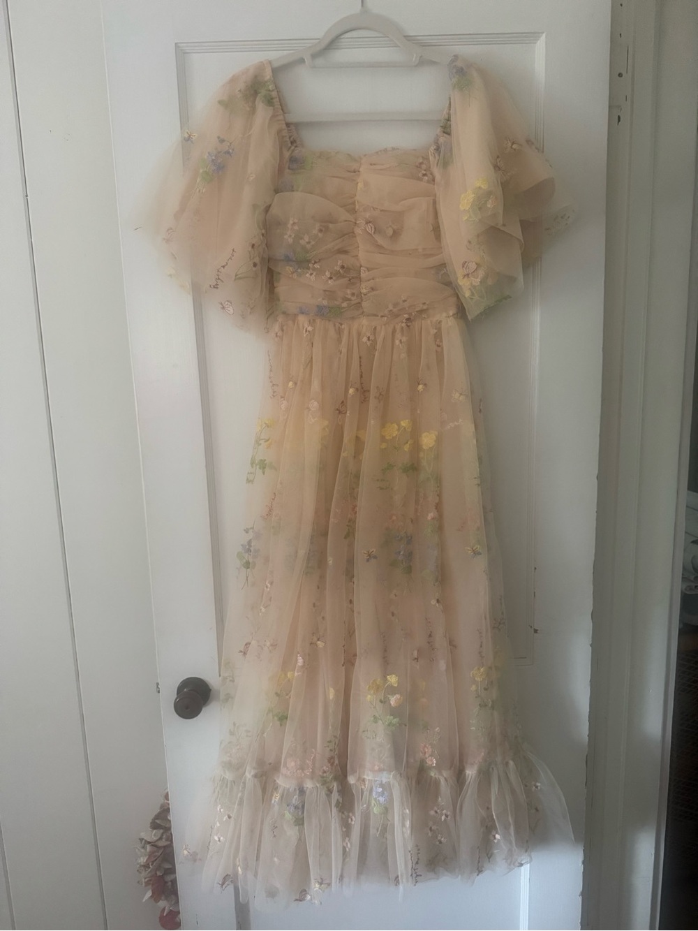 Ivy City Co Cream Tulle Dress with Pastel Floral Embroidery
